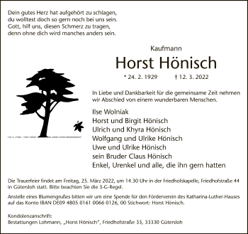 Traueranzeige von Horst Hönisch von Neue Westfälische