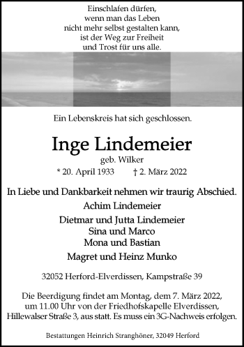 Traueranzeige von Inge Lindemeier von Neue Westfälische