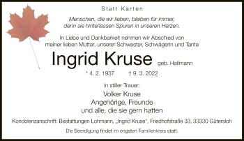 Traueranzeige von Ingrid Kruse von Neue Westfälische