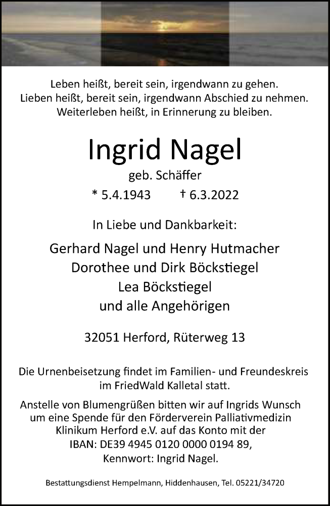  Traueranzeige für Ingrid Nagel vom 12.03.2022 aus Neue Westfälische