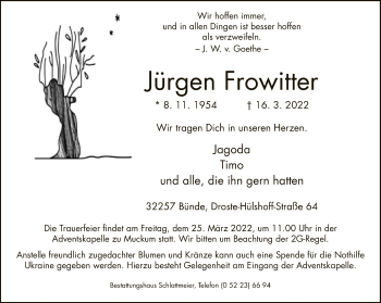 Traueranzeige von Jürgen Frowitter von Neue Westfälische