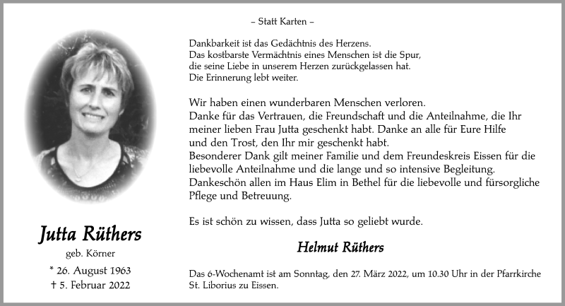  Traueranzeige für Jutta Rüthers vom 19.03.2022 aus Neue Westfälische