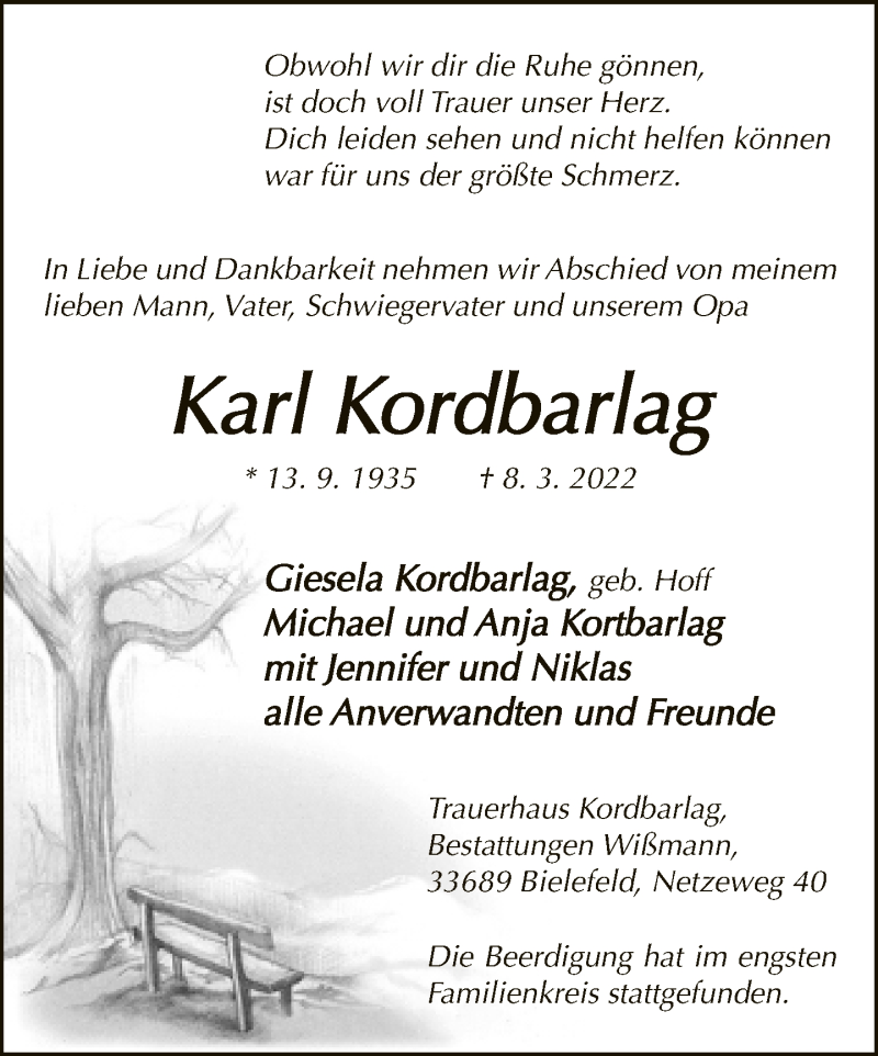  Traueranzeige für Karl Kordbarlag vom 16.03.2022 aus Neue Westfälische