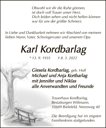 Traueranzeige von Karl Kordbarlag von Neue Westfälische