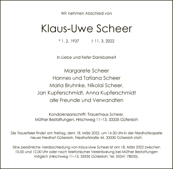 Traueranzeige von Klaus-Uwe Scheer von Neue Westfälische