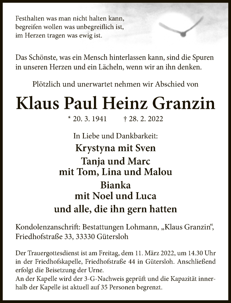  Traueranzeige für Klaus Paul Heinz Granzin vom 05.03.2022 aus Neue Westfälische