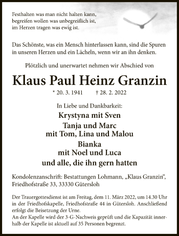Traueranzeige von Klaus Paul Heinz Granzin von Neue Westfälische