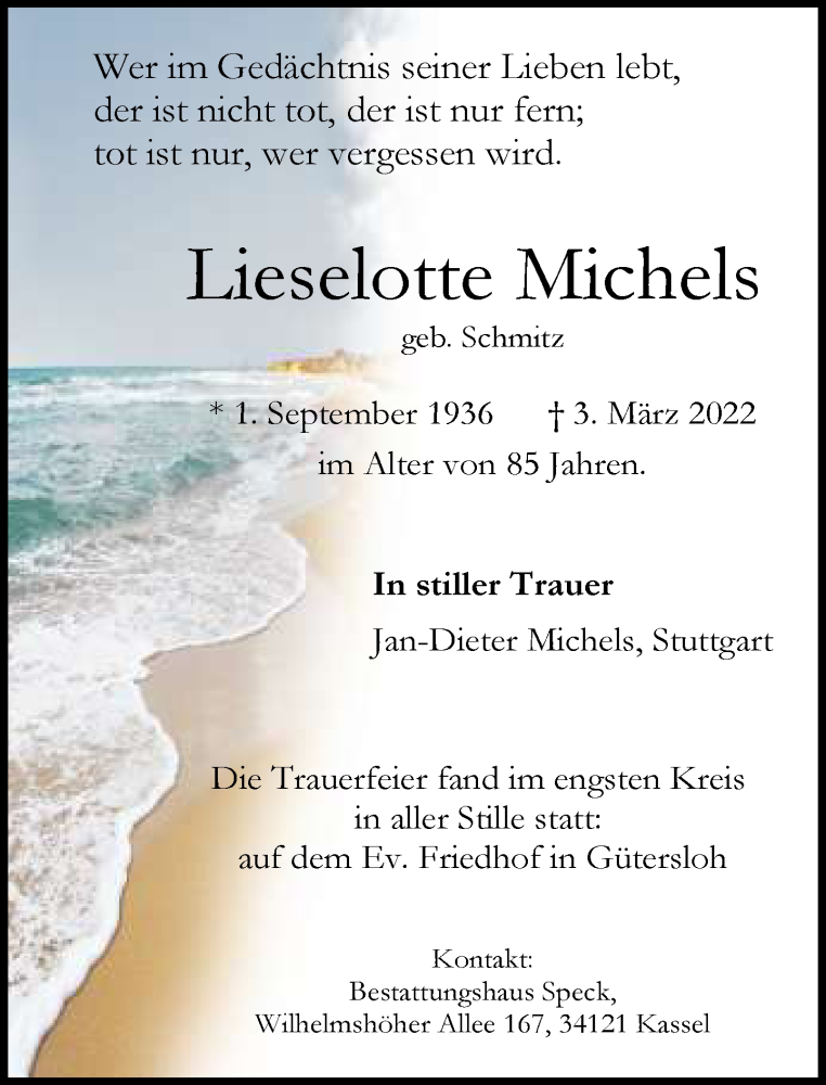  Traueranzeige für Lieselotte Michels vom 12.03.2022 aus Neue Westfälische