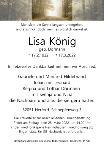 Traueranzeige von Lisa König von Neue Westfälische