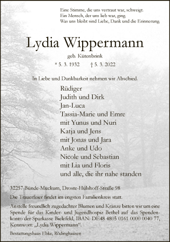 Traueranzeige von Lydia Wippermann von Neue Westfälische