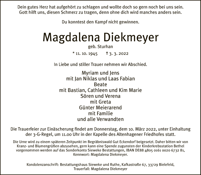  Traueranzeige für Magdalena Diekmeyer vom 08.03.2022 aus Neue Westfälische