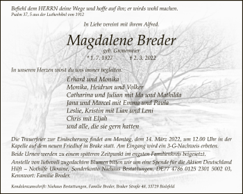 Traueranzeige von Magdalene Breder von Neue Westfälische