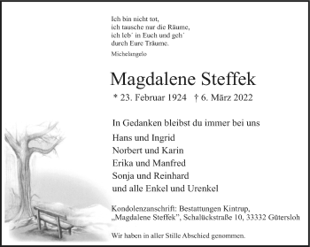 Traueranzeige von Magdalene Steffek von Neue Westfälische