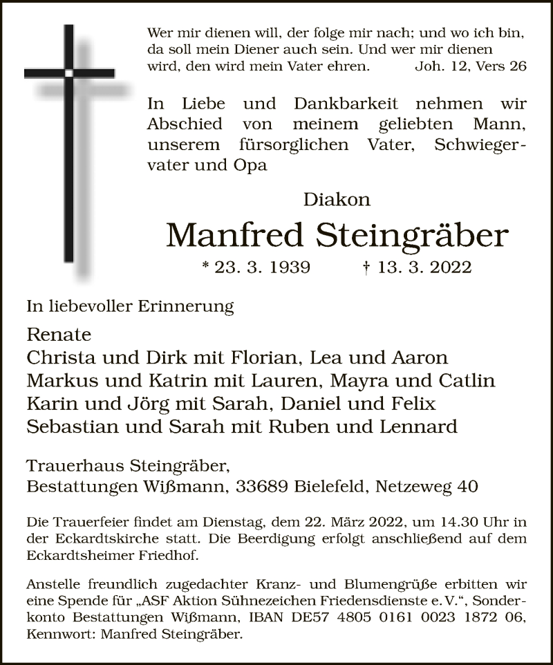  Traueranzeige für Manfred Steingräber vom 19.03.2022 aus Neue Westfälische