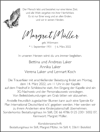 Traueranzeige von Margret Müller von Neue Westfälische