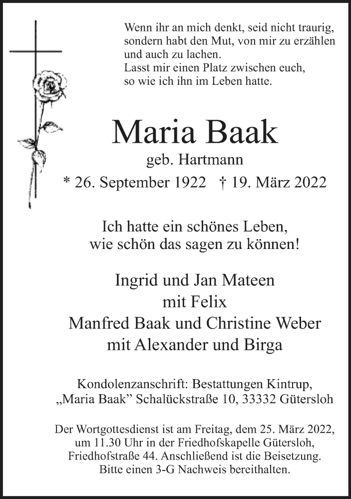  Traueranzeige für Maria Baak vom 22.03.2022 aus Neue Westfälische
