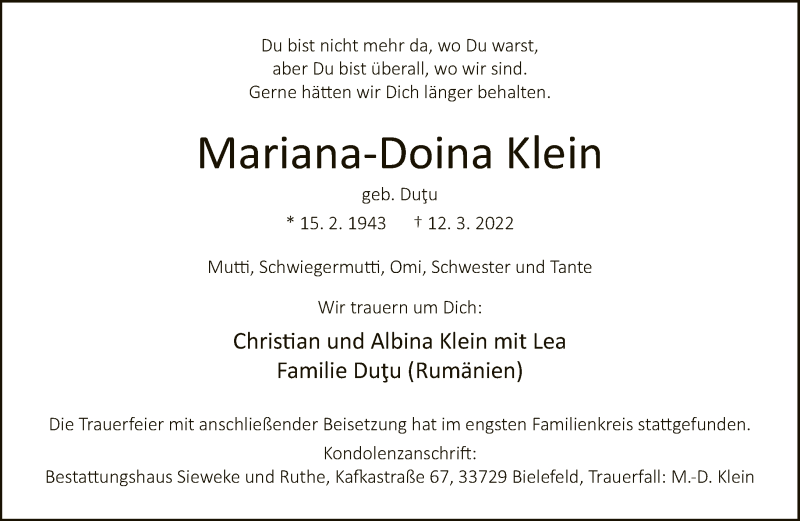  Traueranzeige für Mariana-Doina Klein vom 19.03.2022 aus Neue Westfälische