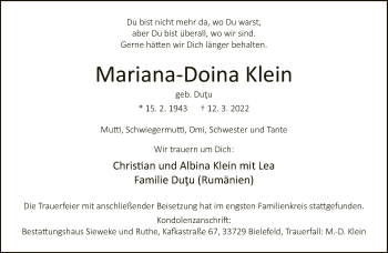 Traueranzeige von Mariana-Doina Klein von Neue Westfälische