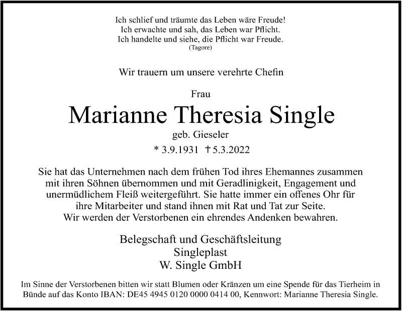  Traueranzeige für Marianne Theresia Single vom 12.03.2022 aus Neue Westfälische