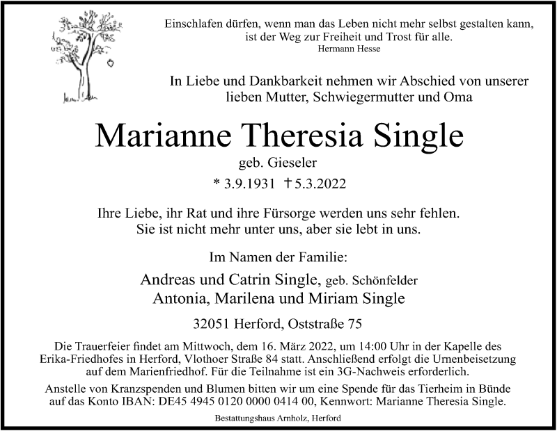  Traueranzeige für Marianne Theresia Single vom 12.03.2022 aus Neue Westfälische