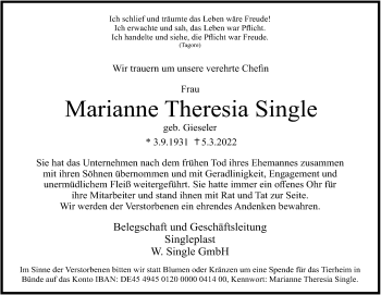 Traueranzeige von Marianne Theresia Single von Neue Westfälische