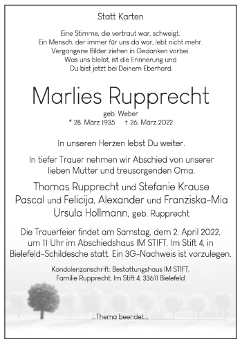 Traueranzeige von Marlies Rupprecht von Neue Westfälische
