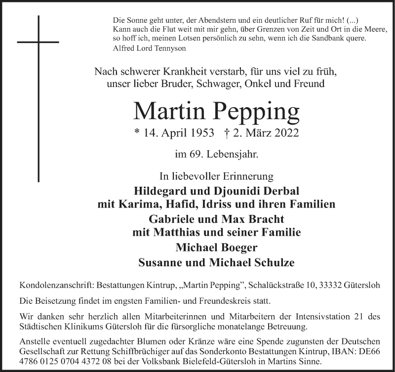  Traueranzeige für Martin Pepping vom 10.03.2022 aus Neue Westfälische