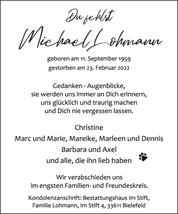 Traueranzeige von Michael Lohmann von Neue Westfälische