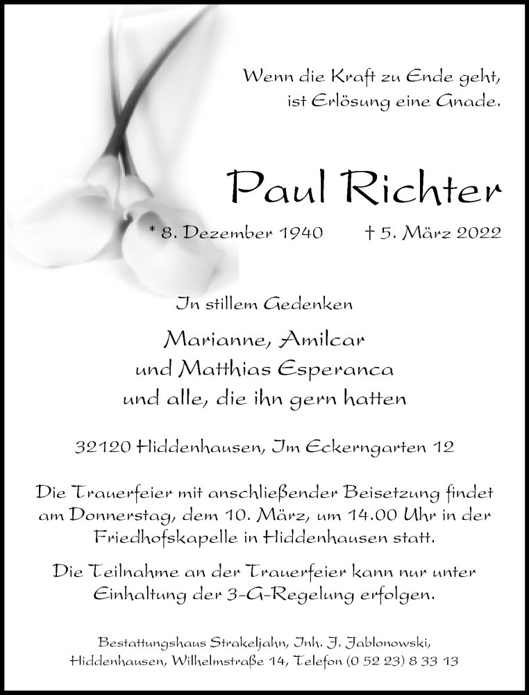  Traueranzeige für Paul Richter vom 08.03.2022 aus Neue Westfälische