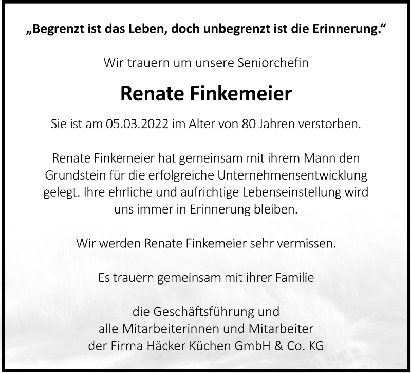  Traueranzeige für Renate Finkemeier vom 09.03.2022 aus Neue Westfälische