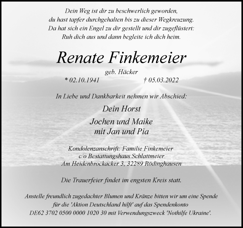  Traueranzeige für Renate Finkemeier vom 09.03.2022 aus Neue Westfälische