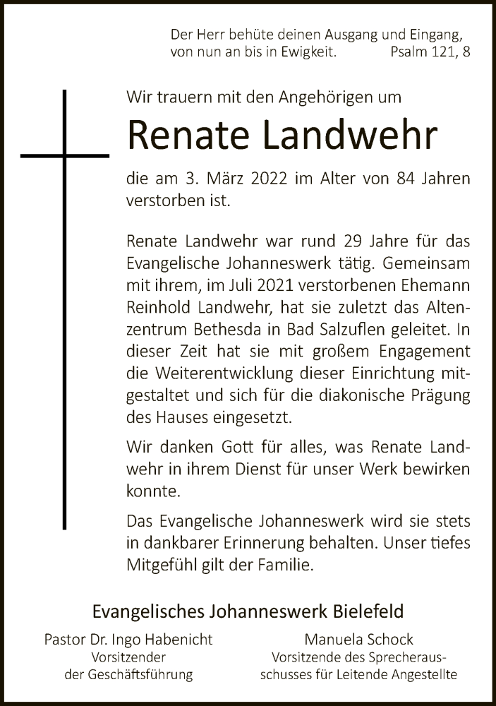  Traueranzeige für Renate Landwehr vom 09.03.2022 aus Neue Westfälische