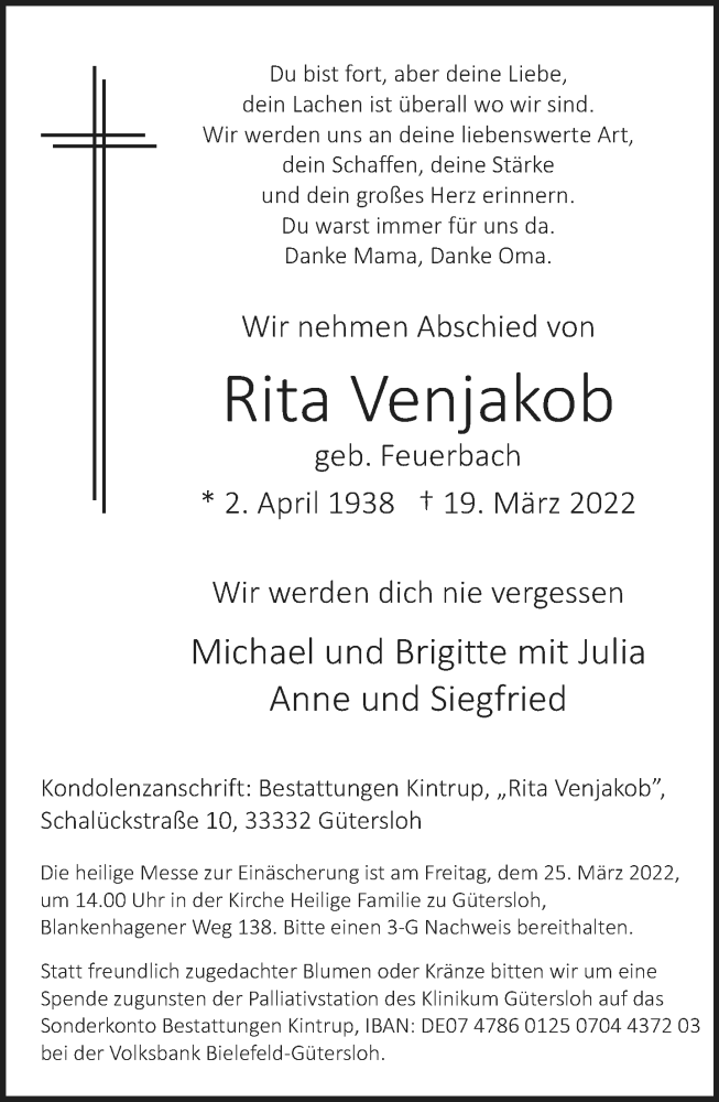  Traueranzeige für Rita Venjakob vom 22.03.2022 aus Neue Westfälische