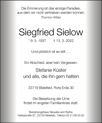 Traueranzeige von Siegfried Sielow von Neue Westfälische