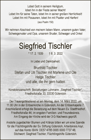 Traueranzeige von Siegfried Tischler von Neue Westfälische