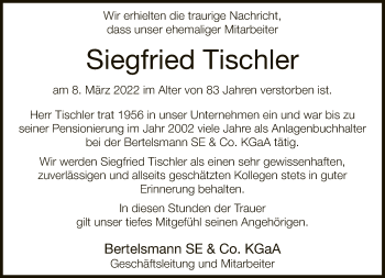 Traueranzeige von Siegfried Tischler von Neue Westfälische