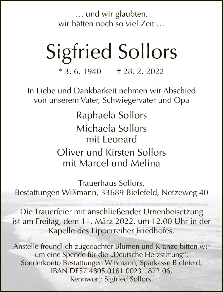  Traueranzeige für Sigfried Sollors vom 05.03.2022 aus Neue Westfälische