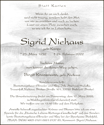 Traueranzeige von Sigrid Niehaus von Neue Westfälische