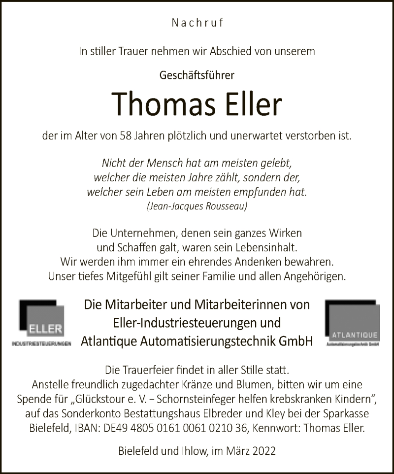  Traueranzeige für Thomas Eller vom 12.03.2022 aus Neue Westfälische