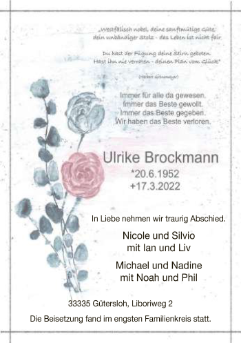 Traueranzeige von Ulrike Brockmann von Neue Westfälische