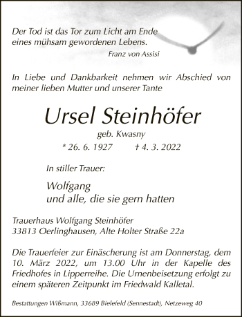 Traueranzeige von Ursel Steinhöfer von Neue Westfälische