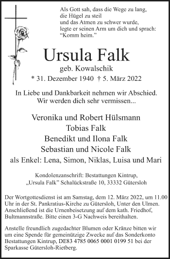 Traueranzeige von Ursula Falk von Neue Westfälische