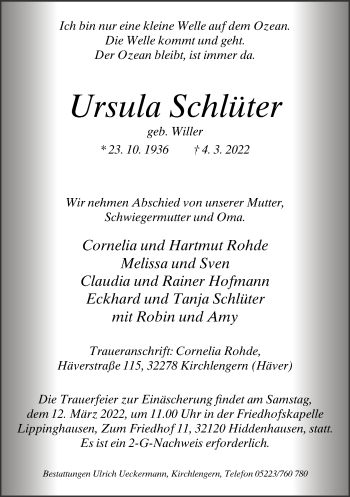 Traueranzeige von Ursula Schlüter von Neue Westfälische