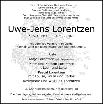 Traueranzeige von Uwe-Jens Lorentzen von Neue Westfälische