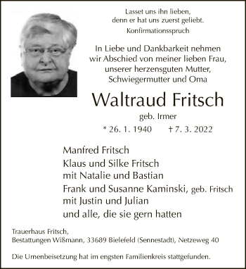 Traueranzeige von Waltraud Fritsch von Neue Westfälische
