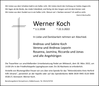 Traueranzeige von Werner Koch von Neue Westfälische