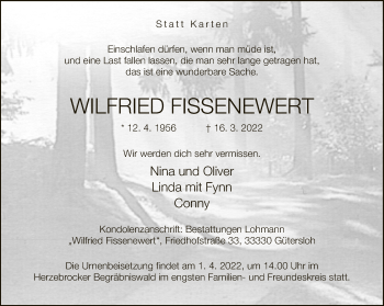 Traueranzeige von Wilfried Fissenewert von Neue Westfälische