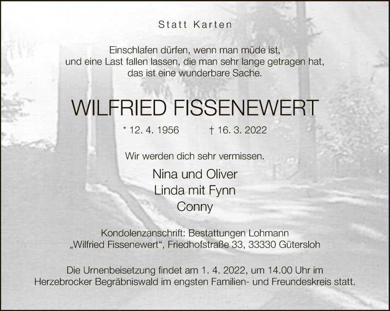  Traueranzeige für Wilfried Fissenewert vom 25.03.2022 aus Neue Westfälische