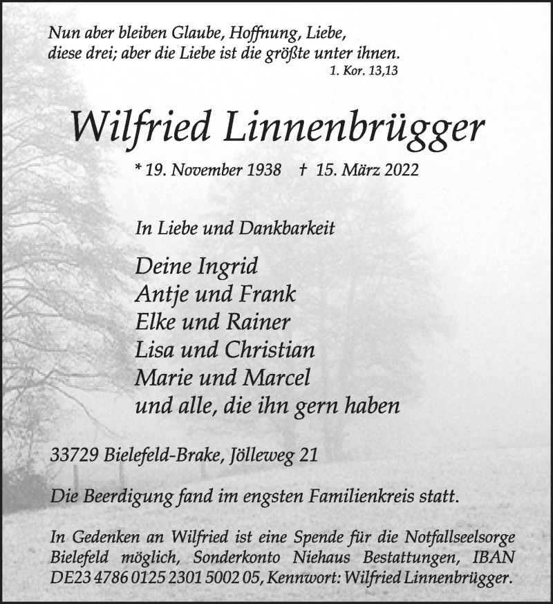  Traueranzeige für Wilfried Linnenbrügger vom 26.03.2022 aus Neue Westfälische
