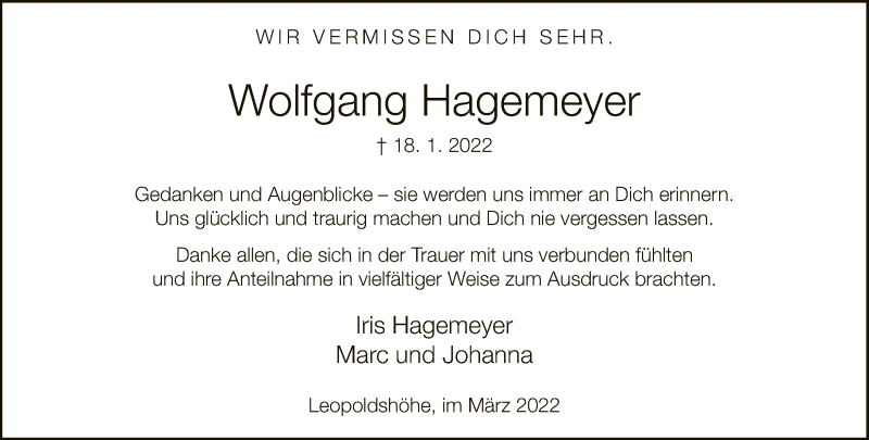  Traueranzeige für Wolfgang Hagemeyer vom 19.03.2022 aus Neue Westfälische